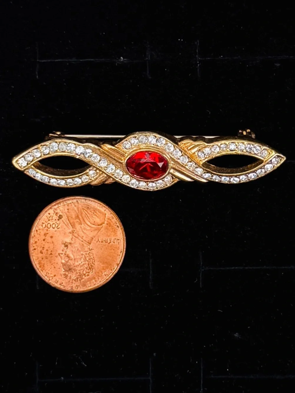 Vintage Goldtone Brooch with Bling and Red Accent  Center